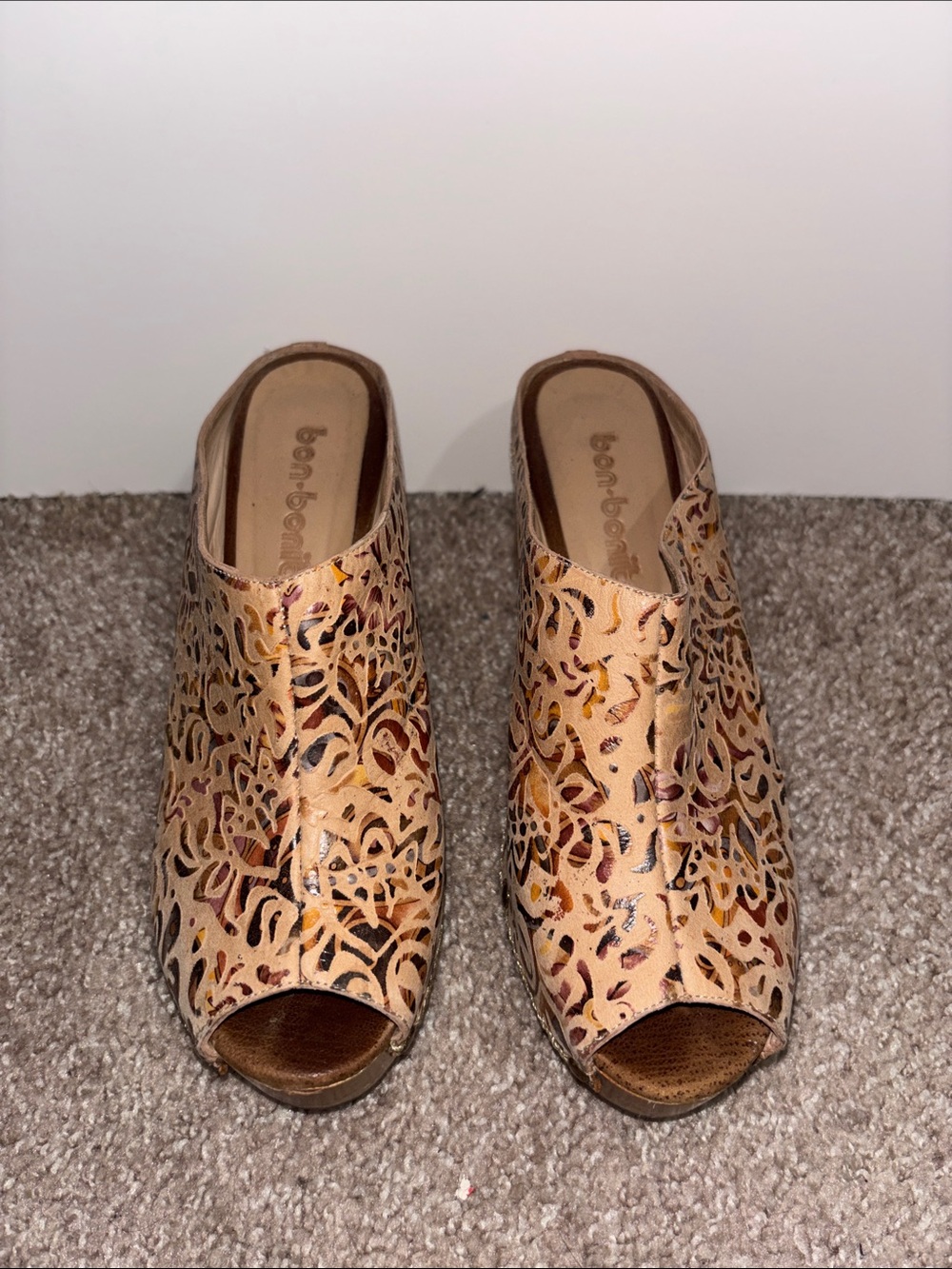 Bon-Bonite Laser-Cut Beige Peep-Toe Mules